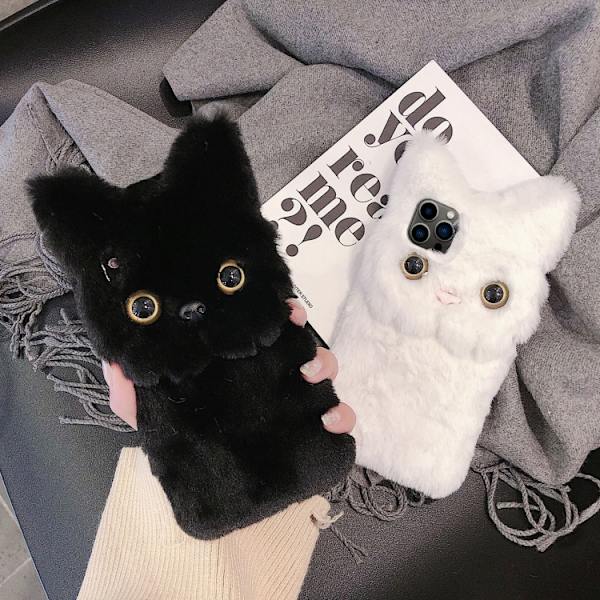 iPhone 16 Pro 3D Söt Katt Plush Full Coverage Skal Vit