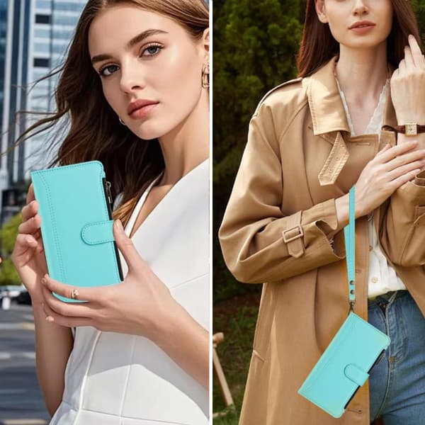 iPhone 18 Pro Max / iPhone 17 Pro Max Skal - Läder med Magnetstängning, 9 Kortfack och Handrem Mintgrön