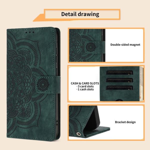 Redmi Note 14 Pro 4G - Mandala Prägad Retro Frostad Läderfodral Grön