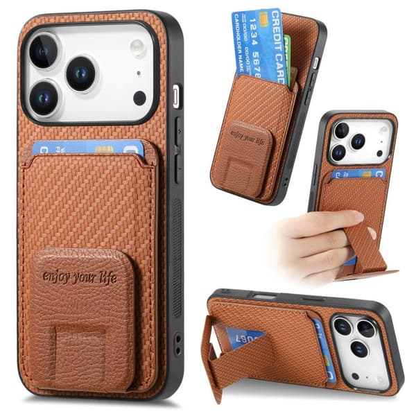iPhone 18 Pro Max / iPhone 17 Pro Max Skal - Kolfiber med Kortficka och Fällbart Ställ Brun