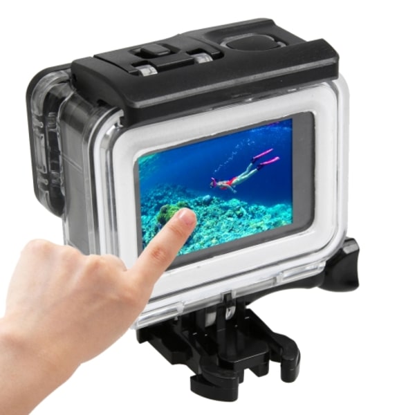 Vattentätt PC & ABS-hölje för GoPro HERO5 30m + pekskärmsbaksida med spänne, grundfäste och lång skruv, bakstyckets storlek: 7 x 6 cm