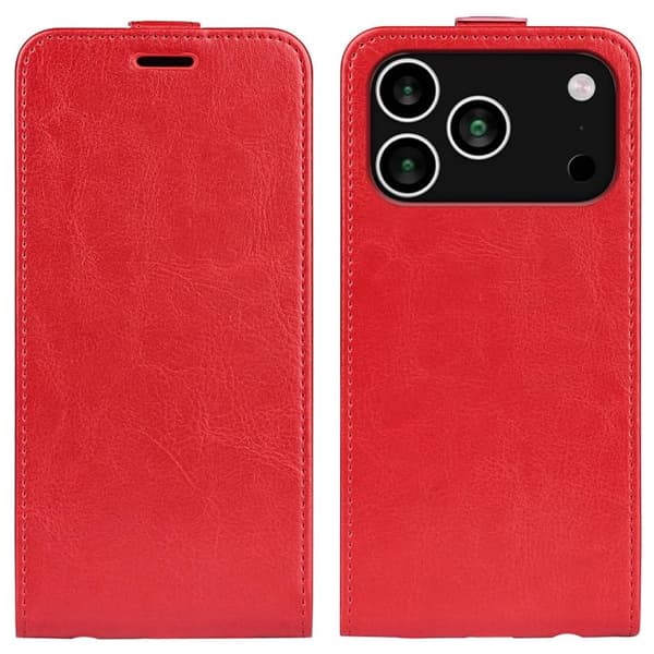 iPhone 18 Pro Max / iPhone 17 Pro Max Skal Läderfodral med R64 Textur och Vertikal Flip Röd