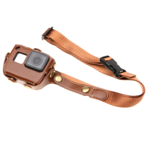 För GoPro HERO7 Black /6 /5 PU Läderfodral med Halsrem & Knappar Kaffe