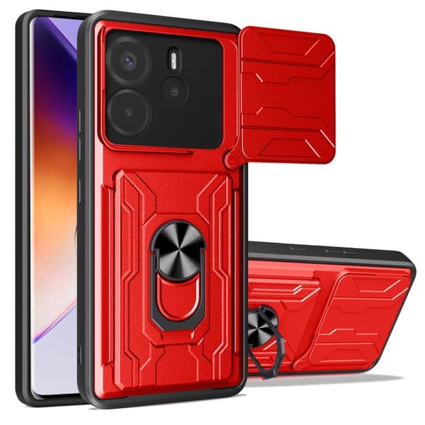 Redmi Note 14 4G - Sliding Camshield TPU+PC Mobilskal med Kortfack Röd