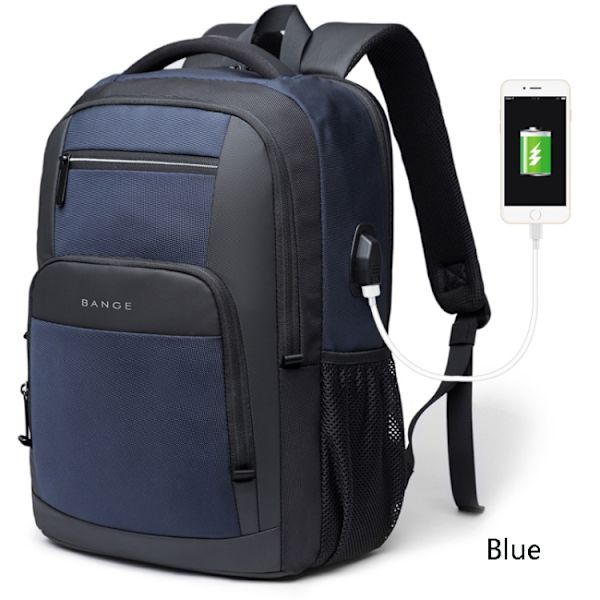 BANGE BG-1921 Ryggsäck för studenter, vattentät affärsryggsäck för dator med extern USB-laddningsport Blå