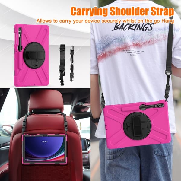 Samsung Galaxy Tab S9+/S8+ Rotationshandtag TPU + PC Tabletfodral Rosaröd