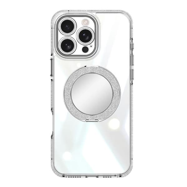 iPhone 16 Pro Max Transparent Glitter Spegel Rotating Holder Skal Silver
