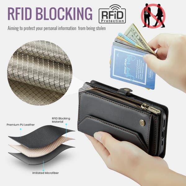 iPhone 18 Pro Max / iPhone 17 Pro Max Skal läderfodral med kortfack, dragkedja och RFID-skydd Svart