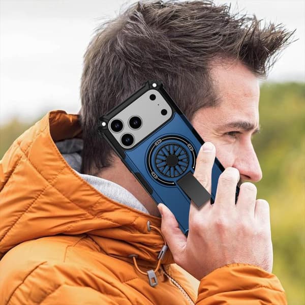 iPhone 18 Pro Max / iPhone 17 Pro Max Shockproof Kickstand Metallic Shaft MagSafe Skal Blå