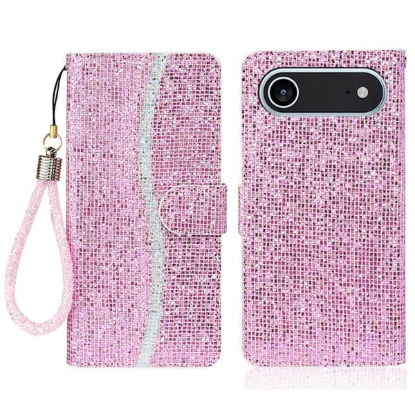 iPhone 17 Air Skal läderfodral med glittrande pulver Rosa
