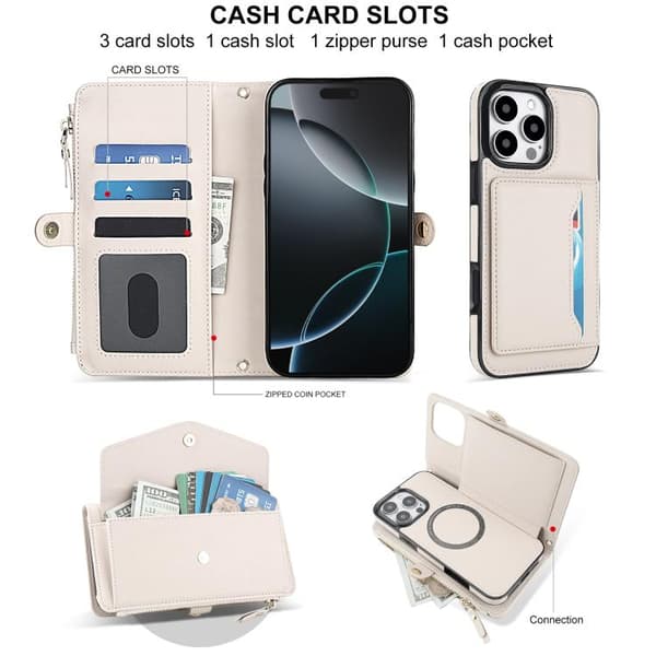 iPhone 16 Pro Max Multifunktionell Wallet Avtagbart Läder Skal med Lanyard Vit