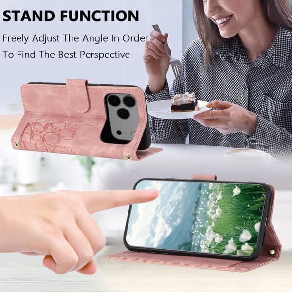iPhone 18 Pro Max / iPhone 17 Pro Max Skal läderfodral med tulpaner och lanyard Rosa