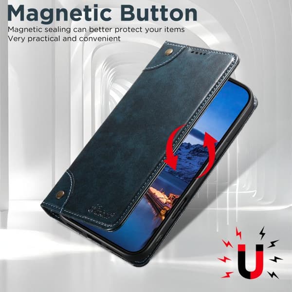 iPhone 17 Skal läderfodral - Baroque Kalvtextur med Spänne Blå