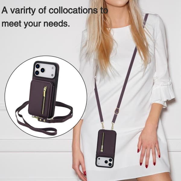 iPhone 18 Pro Max / iPhone 17 Pro Max Skal med Zipper och Dubbel Lanyard Mörklila