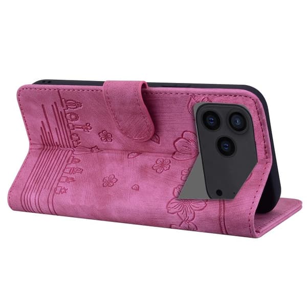 iPhone 18 Pro / iPhone 17 Pro Skal läderfodral med Cartoon Sakura Katt Prägling Rosröd