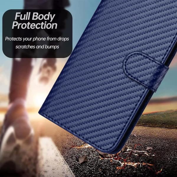 iPhone 18 Pro Max / iPhone 17 Pro Max Skal läderfodral - kolfiber med lanyard Kunglig blå