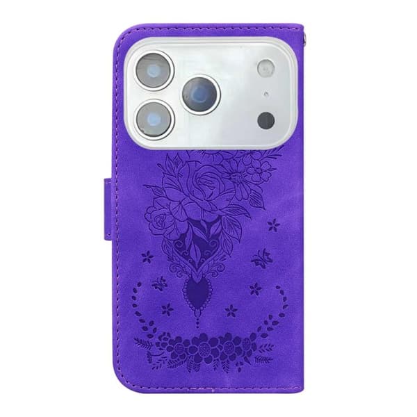 iPhone 18 Pro / iPhone 17 Pro Skal Läderfodral med Embossed Butterfly Rose Purpur