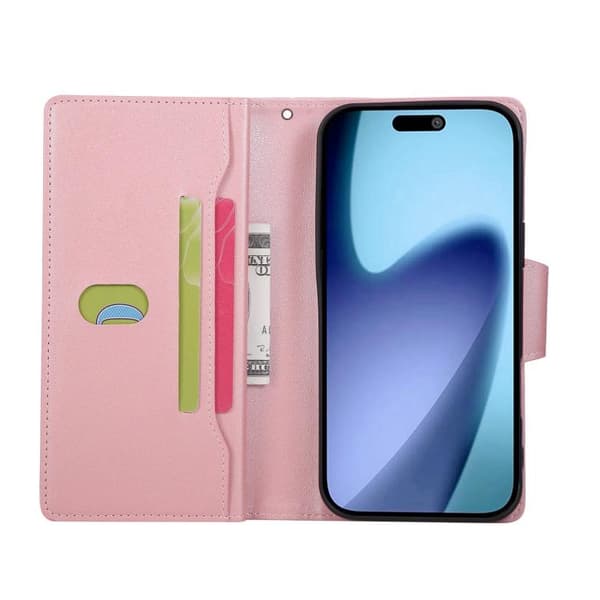 iPhone 18 Pro Max / iPhone 17 Pro Max Skal läderfodral med Rivet Spänne för 9 Kort och Tredelad Design Roséguld