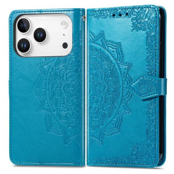 iPhone 18 Pro / iPhone 17 Pro Skal Läderfodral med Mandala Blomma Prägling Blå