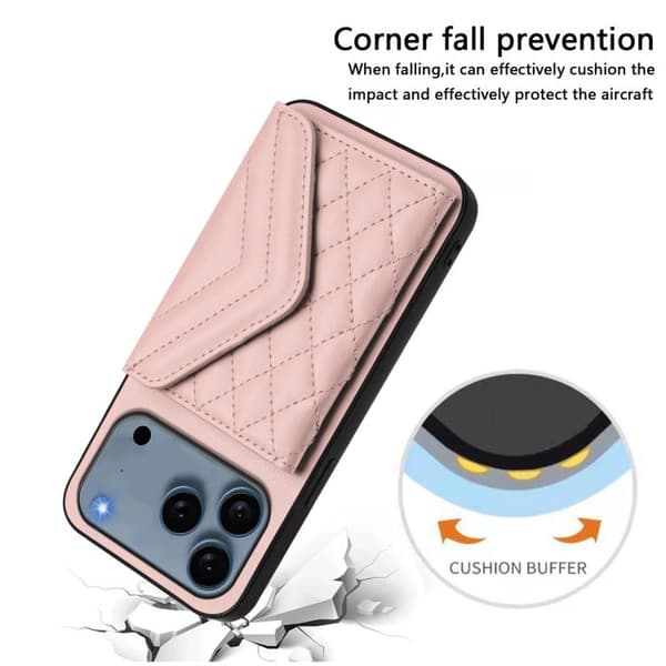 iPhone 18 Pro / iPhone 17 Pro Skal med Rhombisk Textur och Lång Lanyard Roséguld