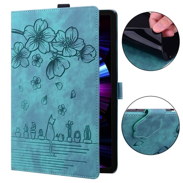 Samsung Galaxy Tab A7 Lite Cartoon Sakura Cat Prägad Läderfodral Grön
