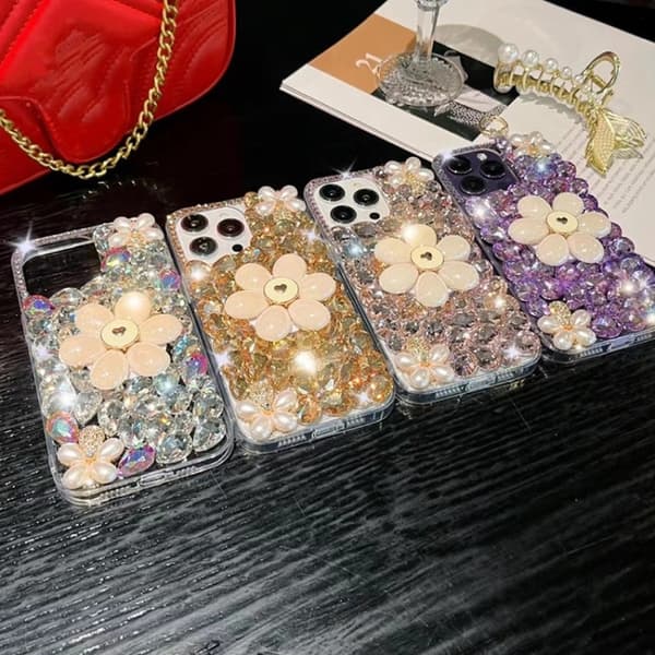 iPhone 16 Pro Solros Hållare Handhållen Diamant PC Skal Guld