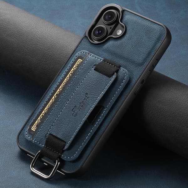 iPhone 17 Skal - Litchi-läder med handledsrem Blå