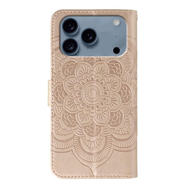 iPhone 18 Pro / iPhone 17 Pro Skal läderfodral med sol mandala präglad design Roséguld