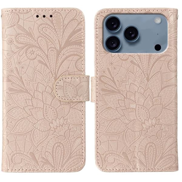 iPhone 18 Pro Max / iPhone 17 Pro Max Skal läderfodral med spetsblommor och präglad design Roséguld