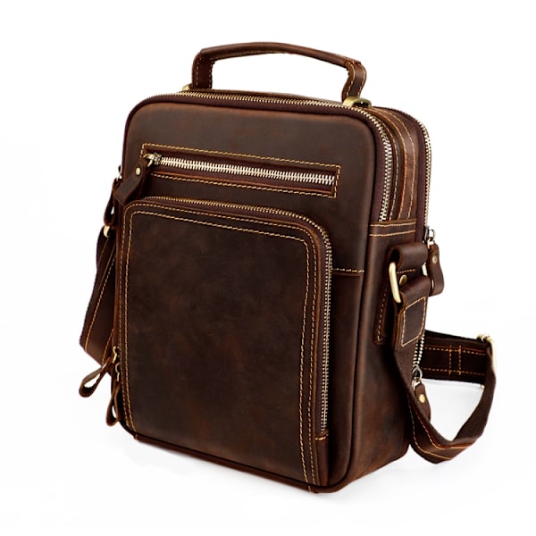 6050 Crazy Horse Textur Äkta Läder Crossbody Väska för Män Kaffe