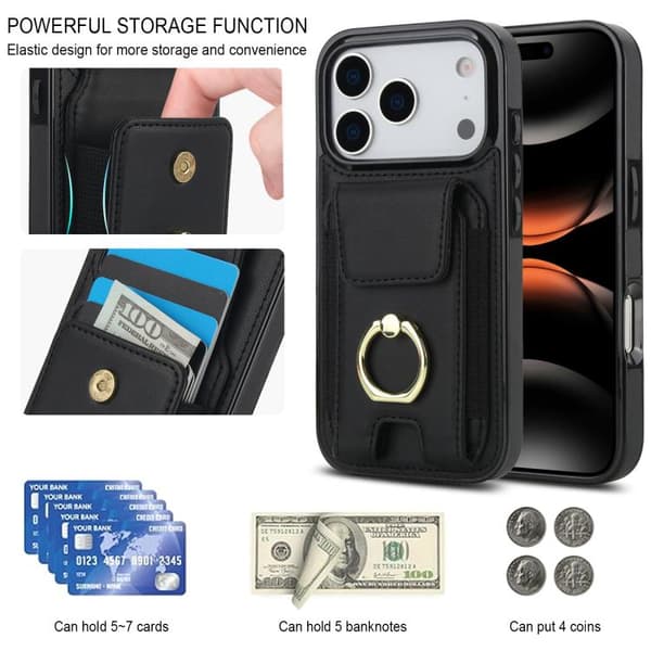 iPhone 17 Pro Skal med Elastisk Kortficka och Ringhållare Svart