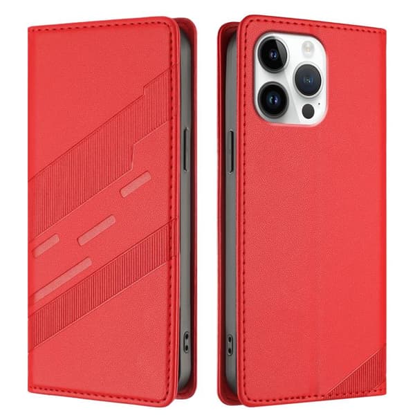 iPhone 16 Pro Fodral Retro Läder - Multifunktionell Embossed Skal Röd