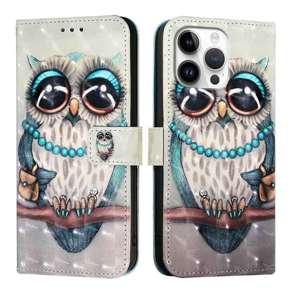 iPhone 16 Pro Max 3D Målning Horisontell Flip Läder Skal - Fodral Gråuggla