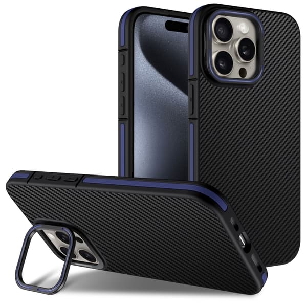 iPhone 16 Pro Max Skal med Kolfibertextur och Linshållare Blå