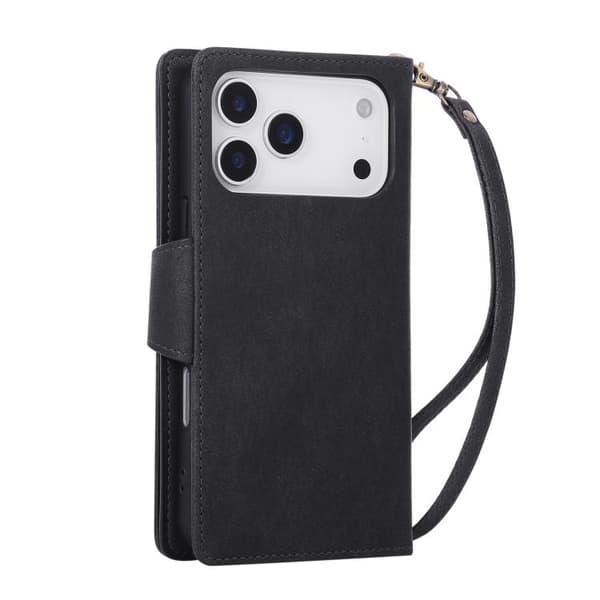 iPhone 18 Pro Max / iPhone 17 Pro Max Skal läderfodral med Rivet Spänne för 9 Kort och Tredelad Design Svart