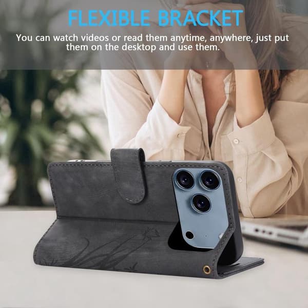 iPhone 18 Pro / iPhone 17 Pro Skal läderfodral med orkidéfjäril präglad design Svart