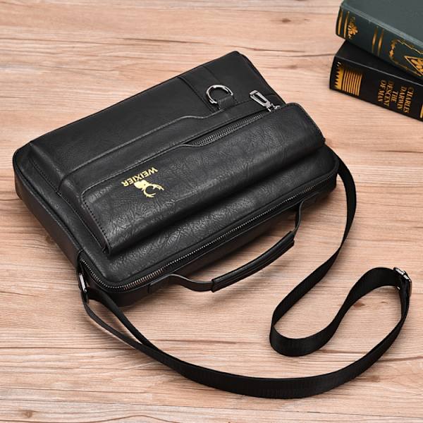 WEIXIER Herr Axelväska Retro Läder Laptop Business Casual Väska Horisontell svart