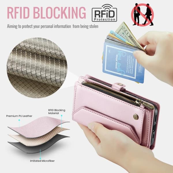 iPhone 18 Pro Max / iPhone 17 Pro Max Skal läderfodral med kortfack, dragkedja och RFID-skydd Rosa
