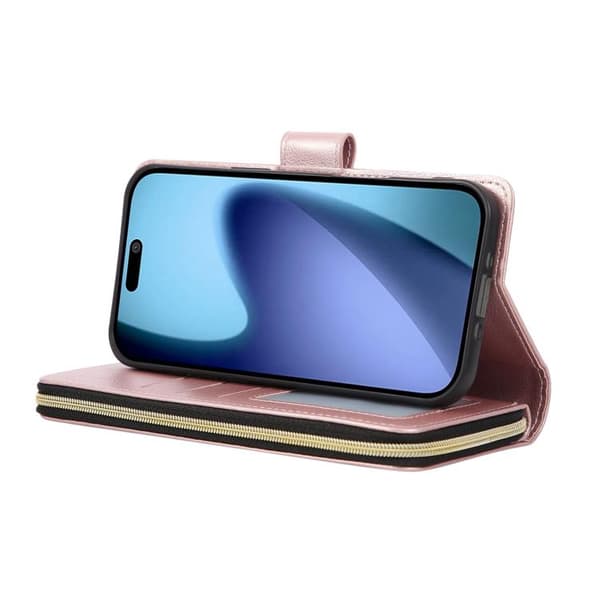 iPhone 18 Pro Max / iPhone 17 Pro Max Skal läderfodral med 9 kortfack och dragkedja Roséguld
