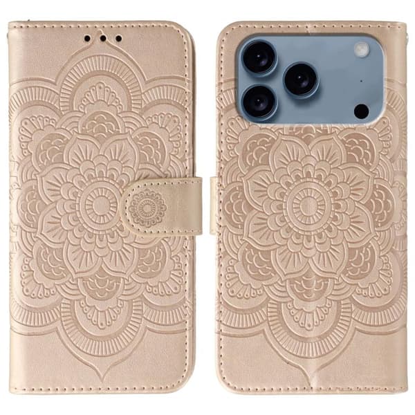 iPhone 18 Pro / iPhone 17 Pro Skal läderfodral med sol mandala präglad design Roséguld