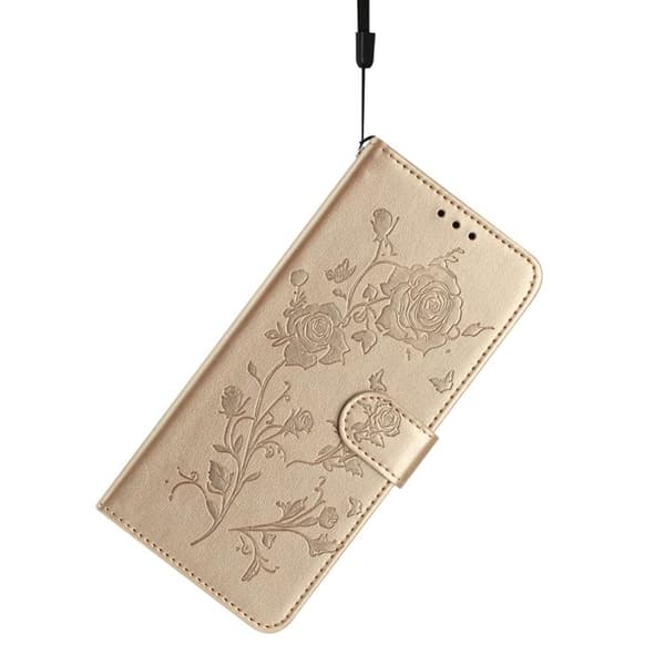 iPhone 18 Pro Max / iPhone 17 Pro Max Skal läderfodral med rosblomma präglad mönster Guld