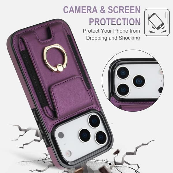 iPhone 17 Pro Skal med Elastisk Kortficka och Ringhållare Purpur