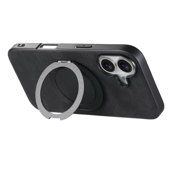 iPhone 17 Retro Läder Rotations Rund Skal Svart