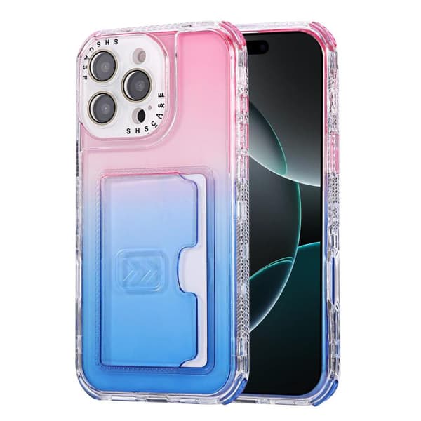iPhone 16 Pro Max Gradient 3-i-1 Kortväska TPU Stötsäker Skal Rosa Blå