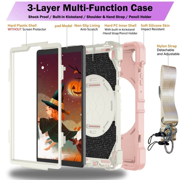 Samsung Galaxy Tab A7 Lite Bat Hand Grip Turntable Ställ Rosa Vit