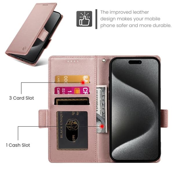 iPhone 18 Pro Max / iPhone 17 Pro Max Skal läderfodral med sidobuckle - magnetisk frostad läder Roséguld