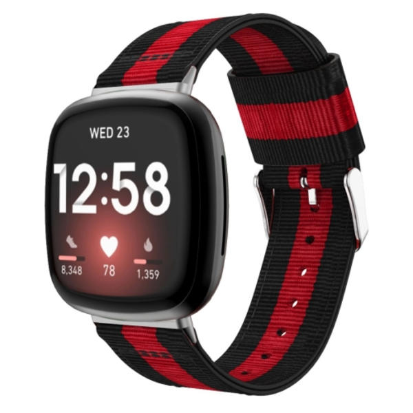För Fitbit Versa 4 / Sense 2 Universal Stripe Nylon Watch Band Black Red Black
