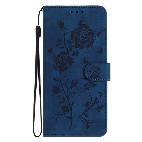 iPhone 18 Pro Max / iPhone 17 Pro Max Skal läderfodral med rosblomma präglad mönster Mörkblå
