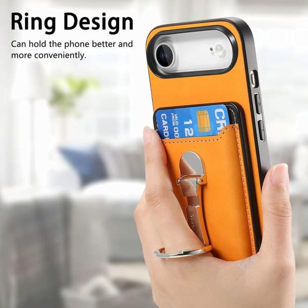 iPhone 17 Air Skal med Retro Fällbart Ringhållare och Kortfack MagSafe Gul