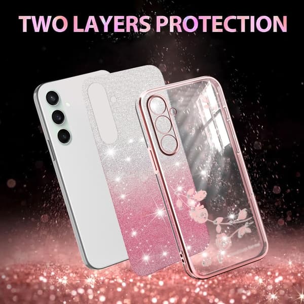 Samsung Galaxy S24 FE 5G Skal med Gradient Glittrande Blommor Rosa